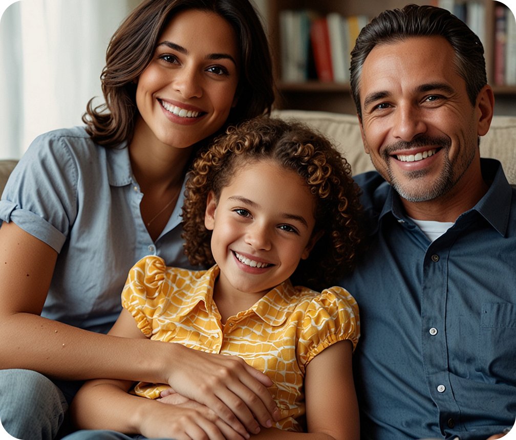 Família sorrindo no sofá